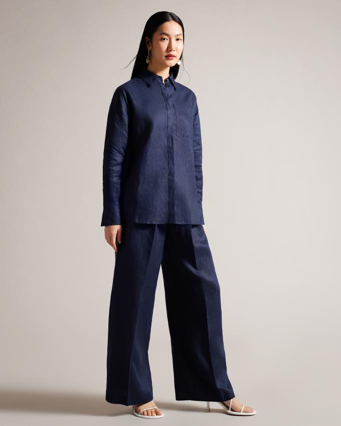 Pantalon Ted Baker Tailored Linen Wide Leg Bleu Marine Femme | VIH-11137255